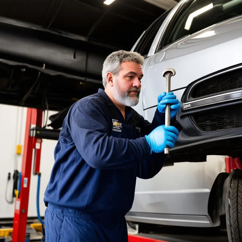 Mechanic diagnosing a car with an OBD-II scanner